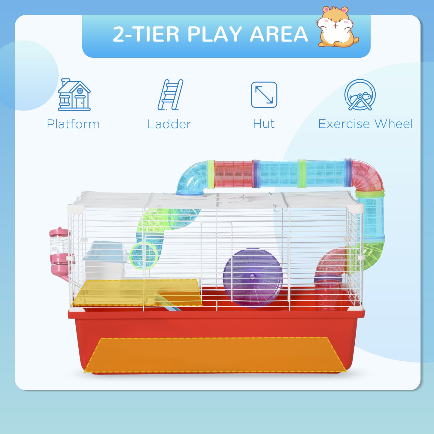 PawHut Large Hamster Cage with Tubes and Tunnels, 2-Level Steel Rat Cage, Small Animal House, Includes Exercise Wheel, Hut, Water Bottle, Food Dish, 23" x 14" x 14", Red