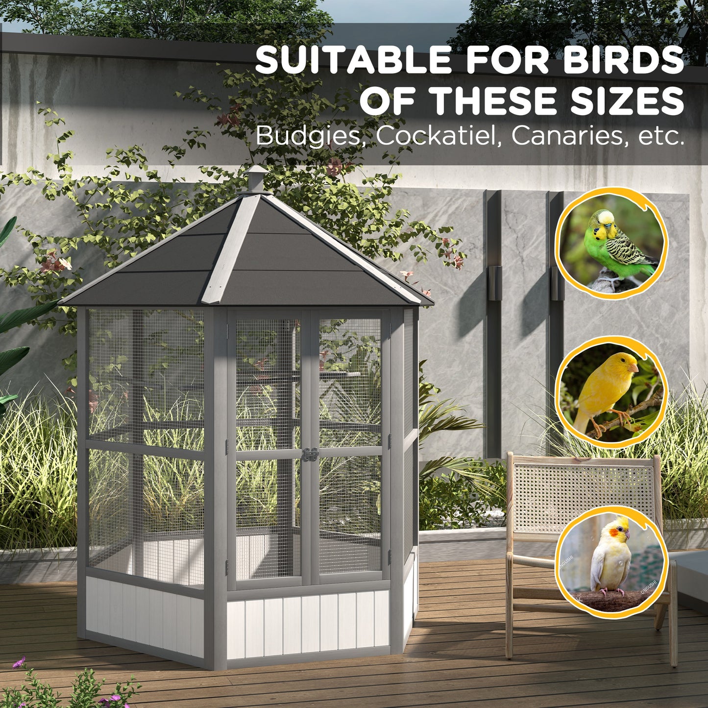 PawHut 69" Wooden Hexagonal Outdoor Aviary Flight Bird Cage With Covered Roof, Light Gray