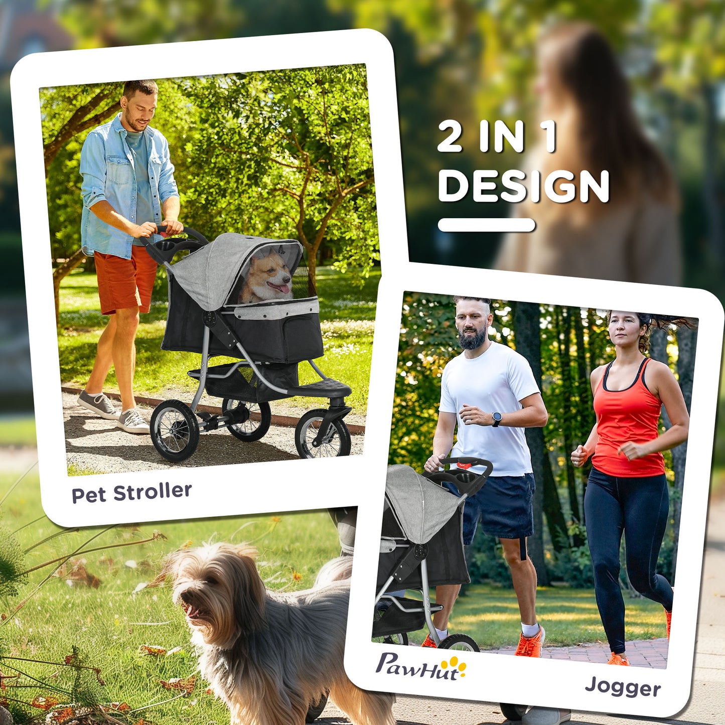 PawHut Luxury One-click Folding Pet Stroller Dog/Cat Travel Carriage with Wheels Adjustable Canopy Zippered Mesh Window Door Grey and Black