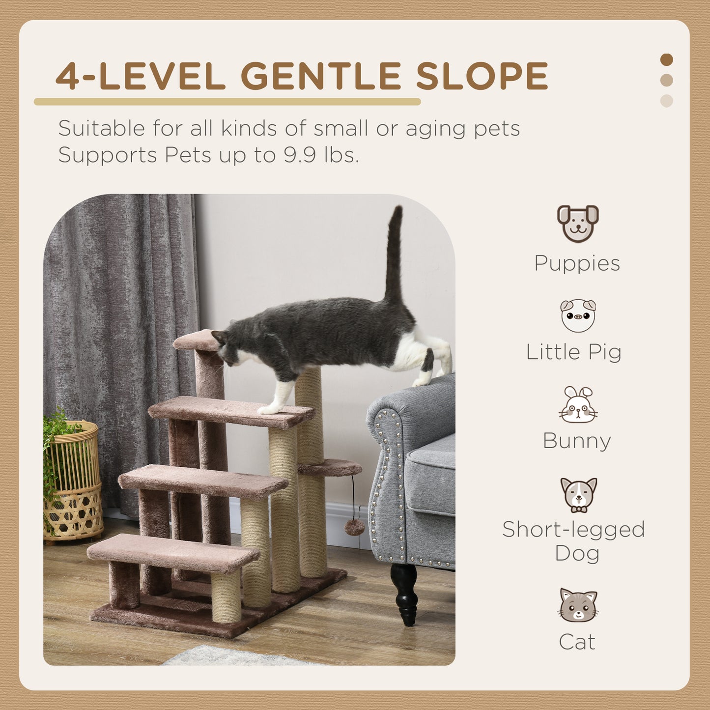 PawHut 4 Levels Cat Steps with Scratching Posts for High Bed, Sofa, Brown