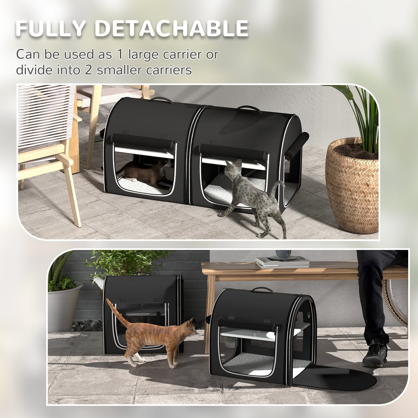 PawHut 39" Portable Soft 2 Sided Pet Cat Carrier with Divider, Two Compartment, Soft Cushions, & Storage Bag, Black
