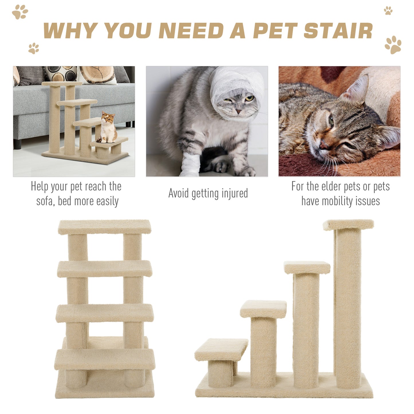 PawHut 25" 4-Step Multi-Level Carpeted Cat Scratching Post Pet Stairs, Cream White