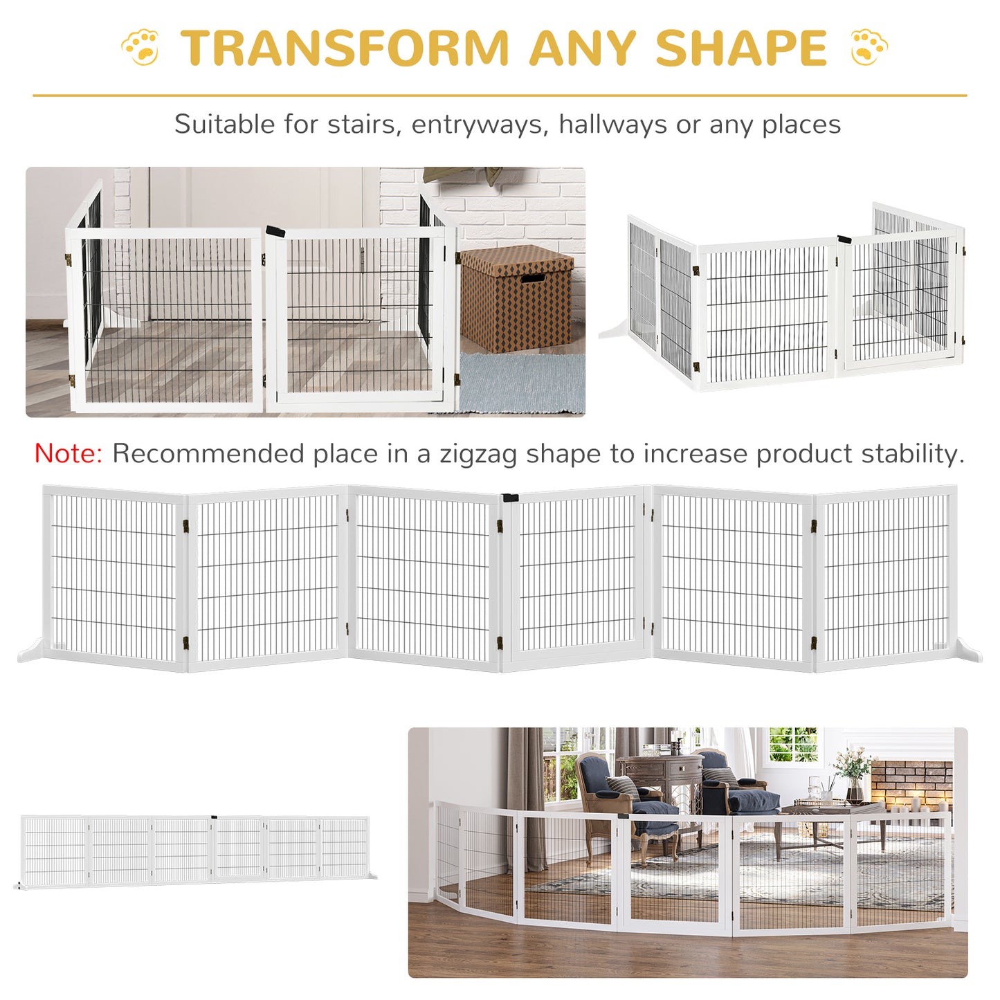 PawHut Wooden Pet Gate, 6-Panel Folding Dog Safety Barrier with Support Feet for Small & Medium Dogs, White