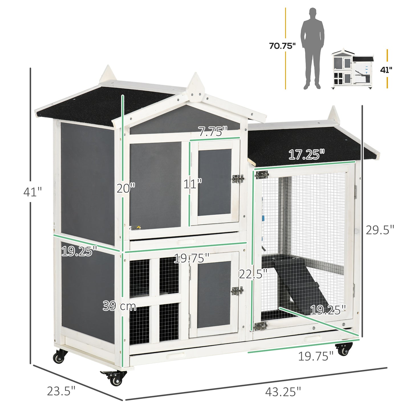 PawHut 43" Indoor Rabbit Hutch with an Extra Hideout, 2-Story Bunny Rabbit Cage Playpen Cottage with Space-Saving Design, Bunny Hutch with Removable Tray, Gray