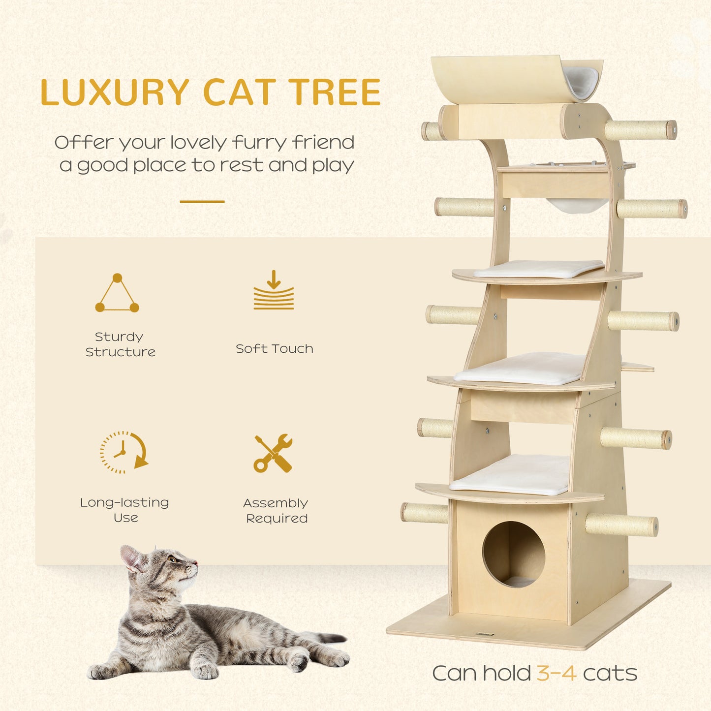PawHut 63" Cat Tree Kitty Activity Center Wooden Cat Climbing Toy Pet Furniture with Multiple Perches Cat Condo Cushions Sisal Scratching Post, Beige