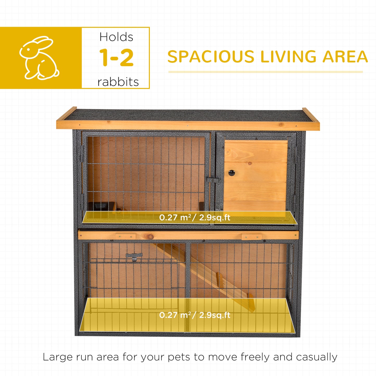 PawHut Wooden Rabbit Hutch Metal Frame Small Animal Habitat with No Leak Tray, Asphalt Openable Roof,Ramp and Lockable Door for Rabbits, Chickens, Ducks, Outdoor Light Yellow