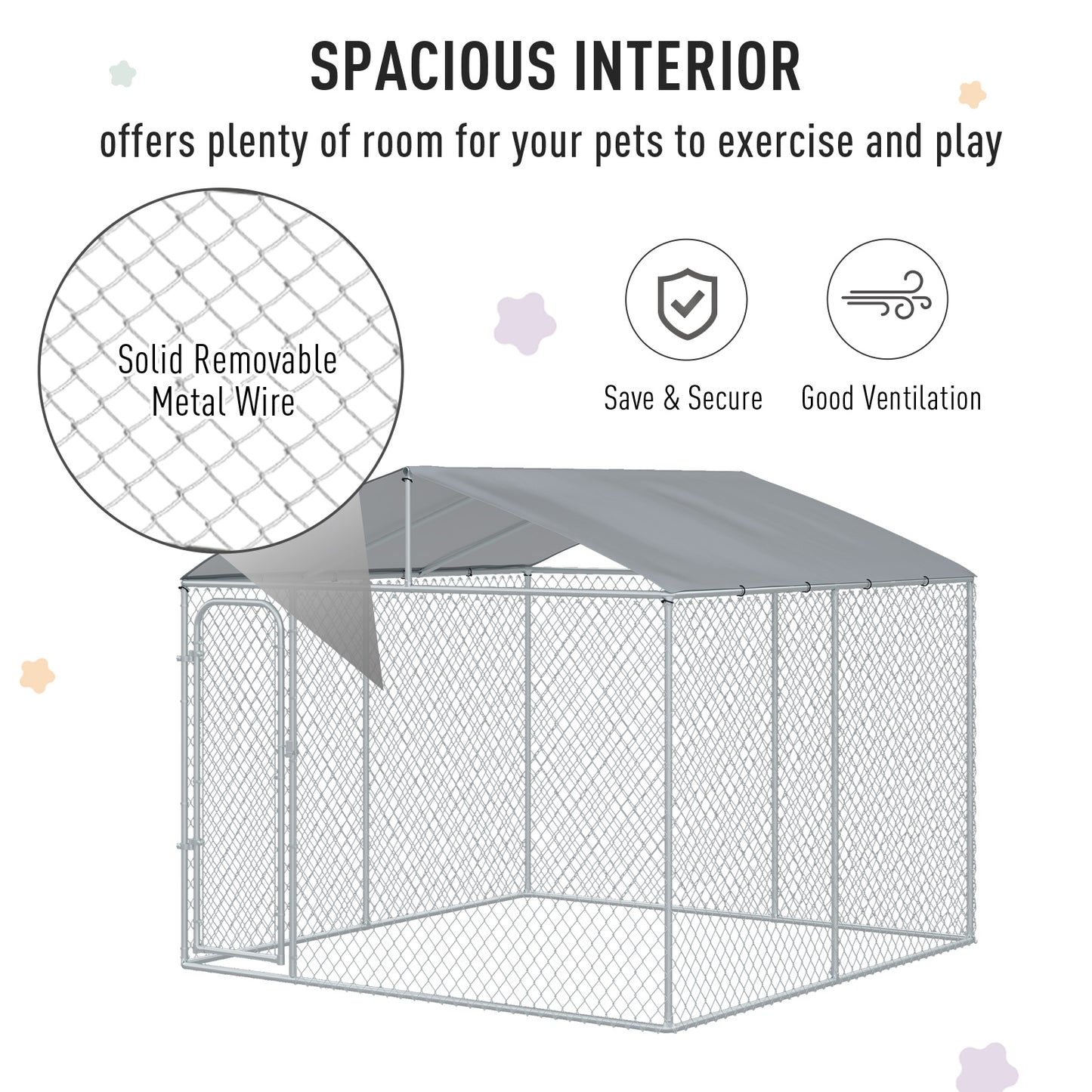 PawHut Outdoor Dog Kennel Galvanized Steel Fence with Cover Secure Lock Mesh Sidewalls for Backyard 9.8' x 9.8' x 7.7'