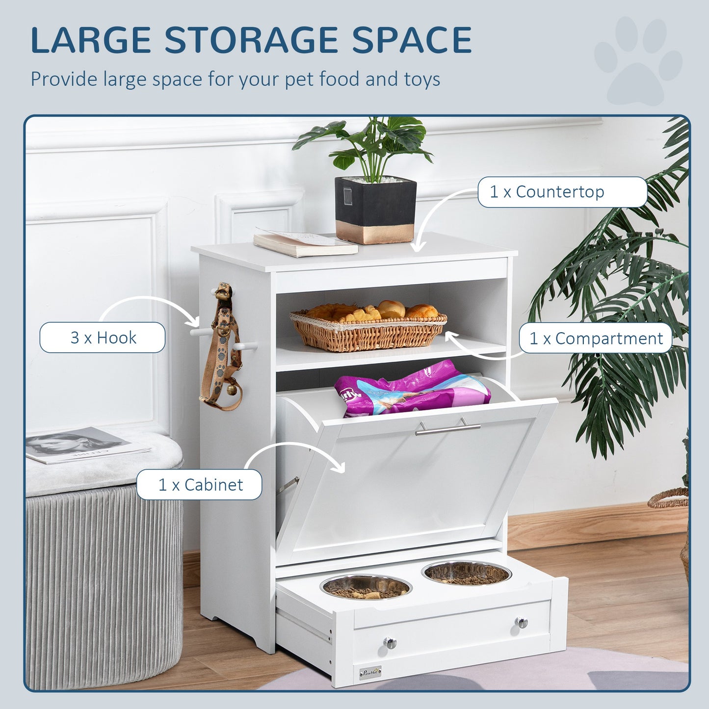 PawHut Pet Feeder Station Storage Cabinet, Dog Food Storage Container with Dog Raised Bowls, Watering Supplies, White