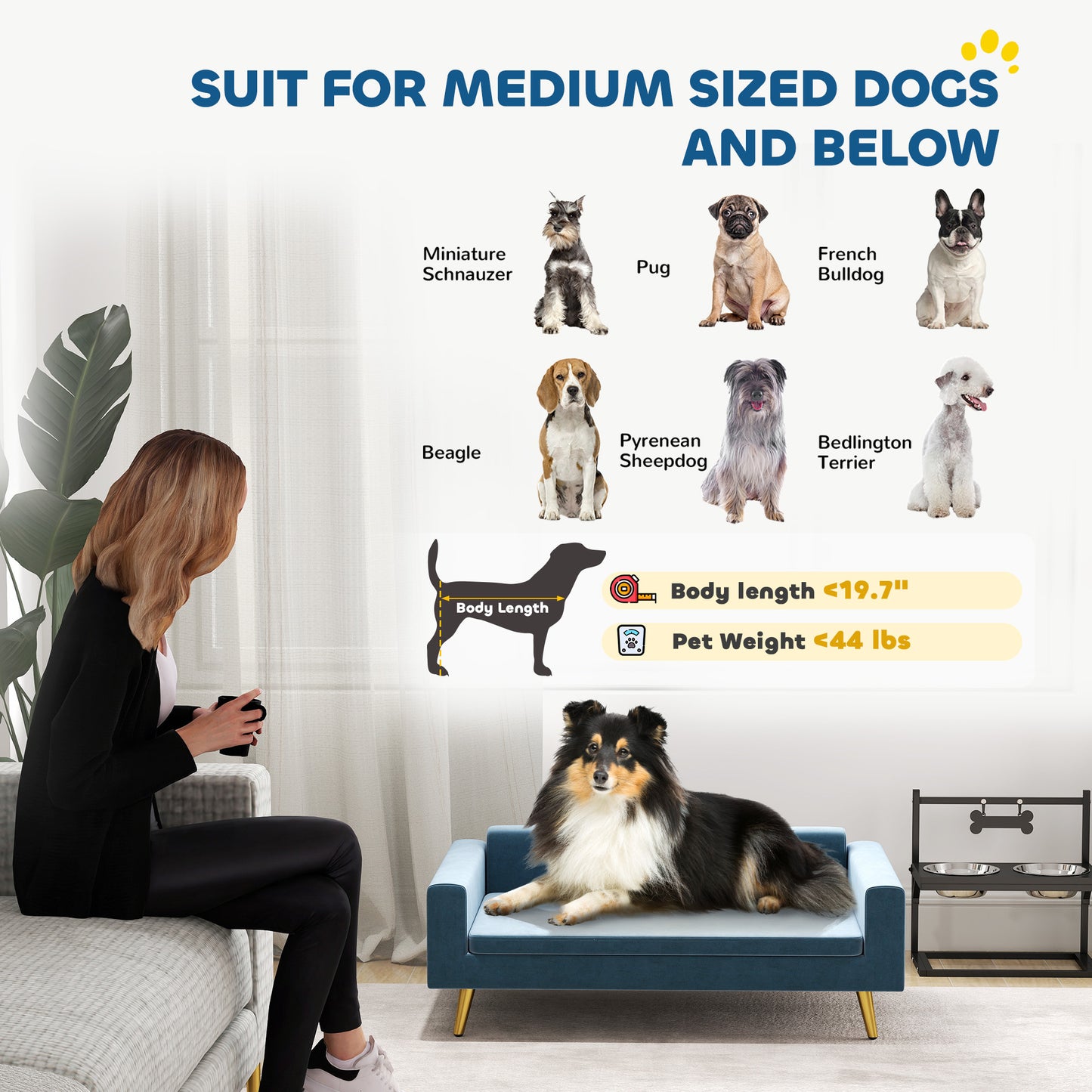 PawHut Modern Pet Bed, Cat or Dog Sofa, Velvety Dog Couch for Small to Medium Dogs, Dark Blue