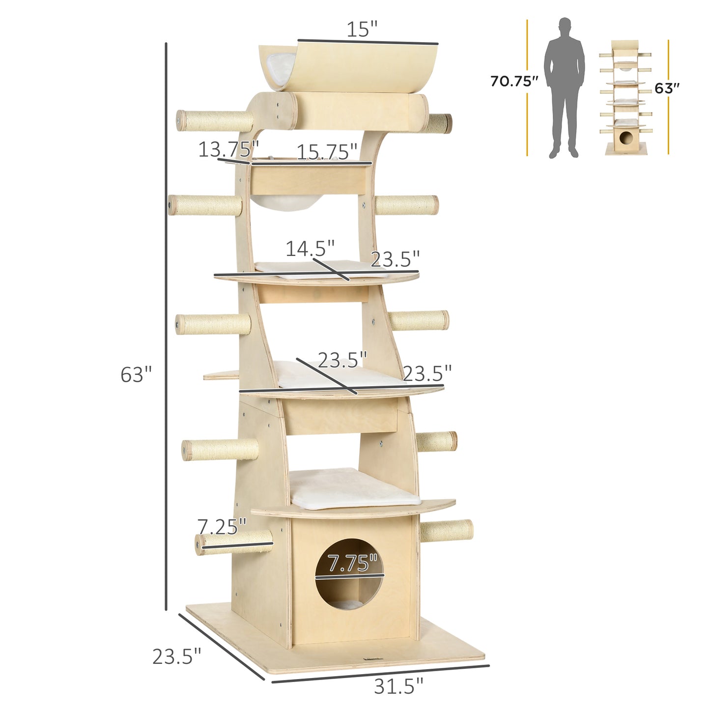 PawHut 63" Cat Tree Kitty Activity Center Wooden Cat Climbing Toy Pet Furniture with Multiple Perches Cat Condo Cushions Sisal Scratching Post, Beige