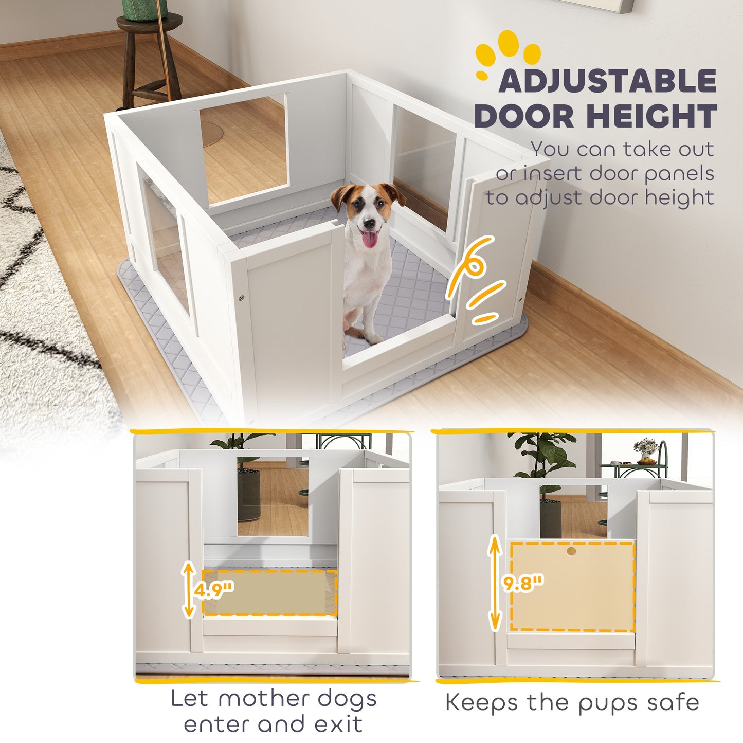 PawHut Whelping Box for Dogs with Whelping Pad, Adjustable Entrance, Non-slip Foot Pads, for Small Dogs, White
