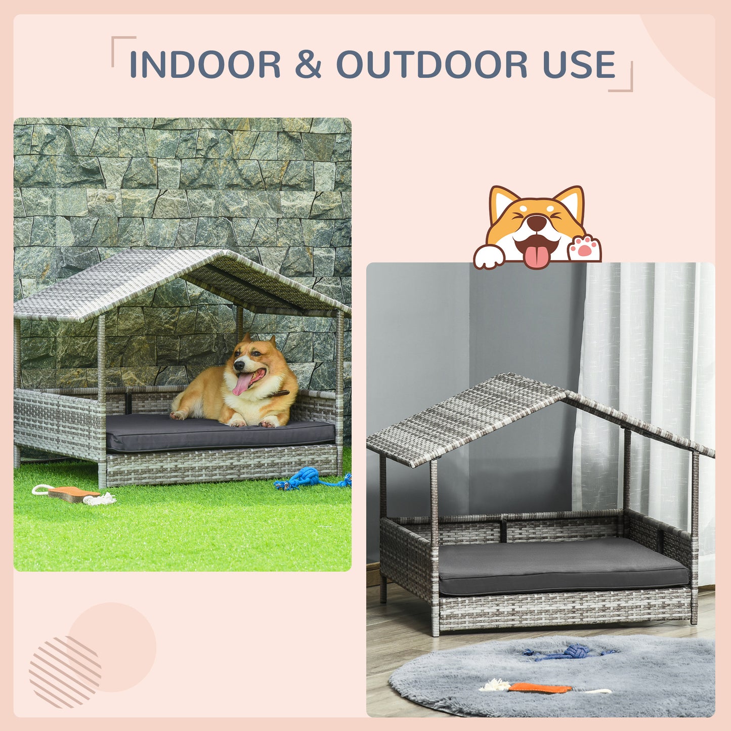 PawHut Wicker Dog House Elevated Raised Rattan Bed with Removable Cushion Lounge, Charcoal Gray