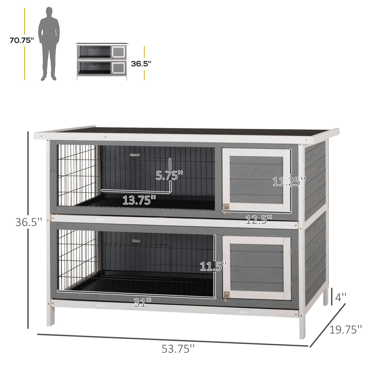 PawHut 54" 2-Story Large Rabbit Hutch Bunny Cage Wooden Pet House Small Animal Habitat with Lockable Doors, No Leak Tray and waterproof Roof for Rabbits, Chickens, Ducks, Outdoor/Indoor Dark Gray