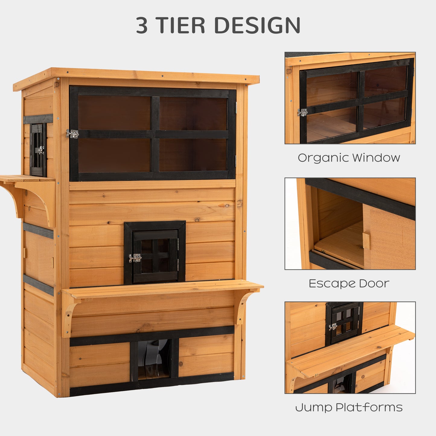 PawHut Outdoor Cat House, 3-Tier Kitty Shelter with 5 Escape Doors, Weather Resistant, Yellow & Black