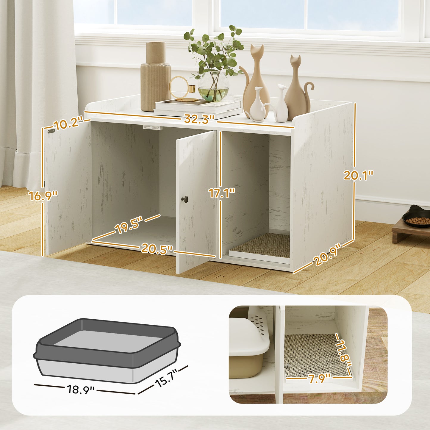 PawHut 32" Cat Litter Box Enclosure w/ Scratching Mat – Distressed White