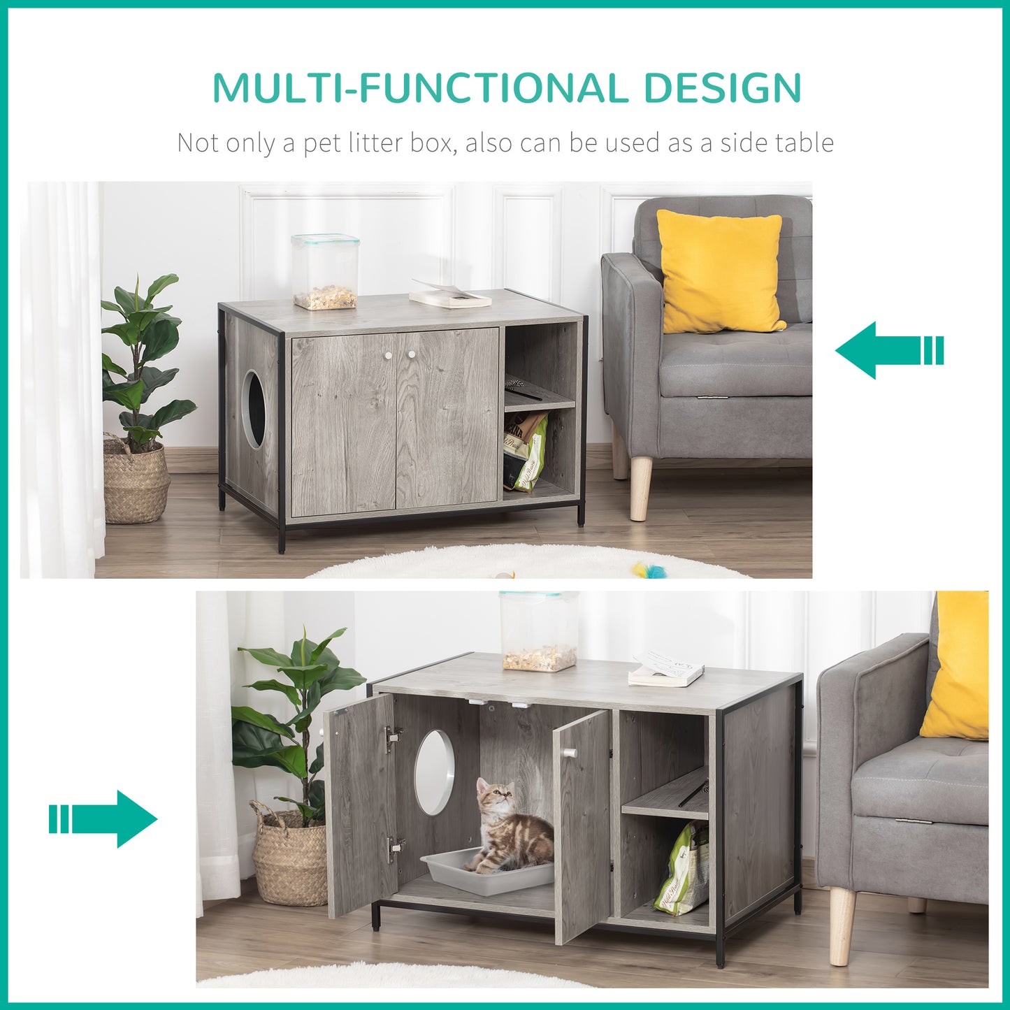 PawHut Large Wooden & Steel Cat Litter Box Enclosure, Kitten Washroom End Table, Indoor Hidden Cat House with Magnetic Doors & Storage Shelves, Gray