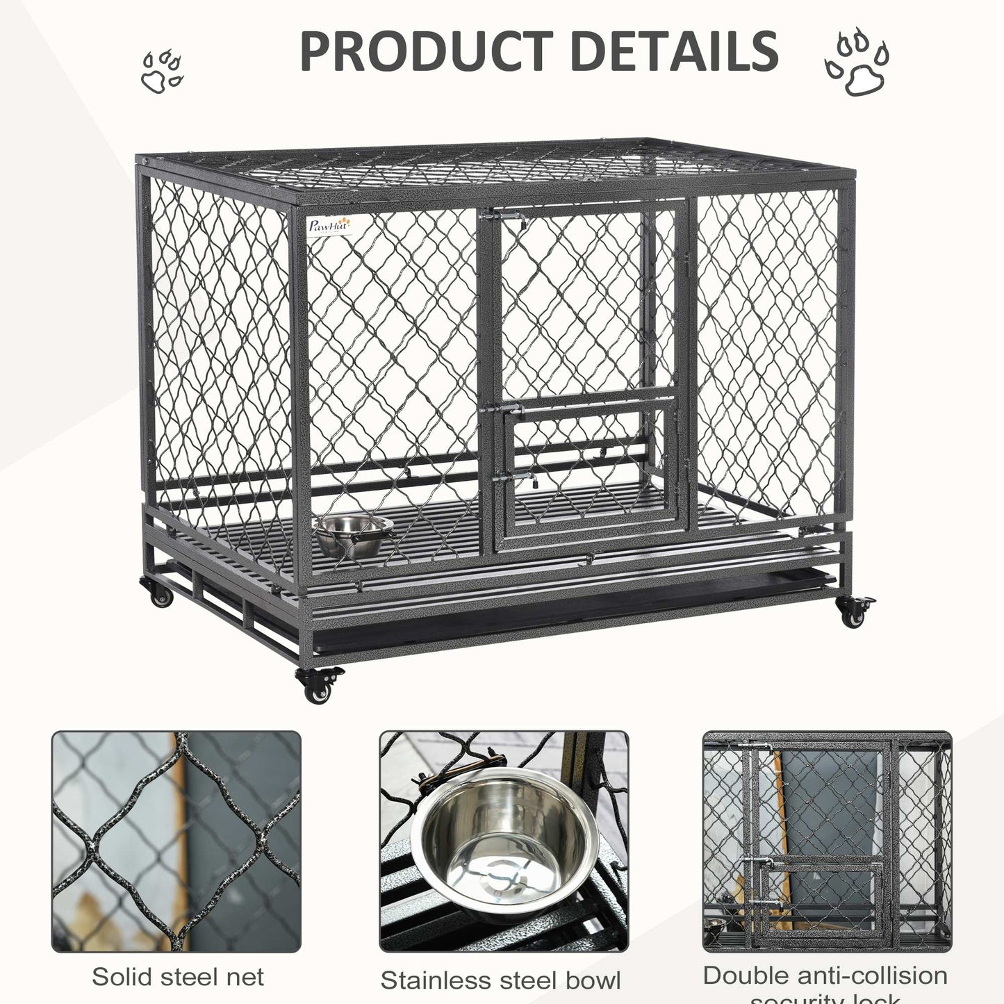 PawHut Heavy Duty Dog Crate, Metal Dog Cage Kennel with Lockable Wheels, Slide-Out Tray, Food Bowl and Double Doors, 49"