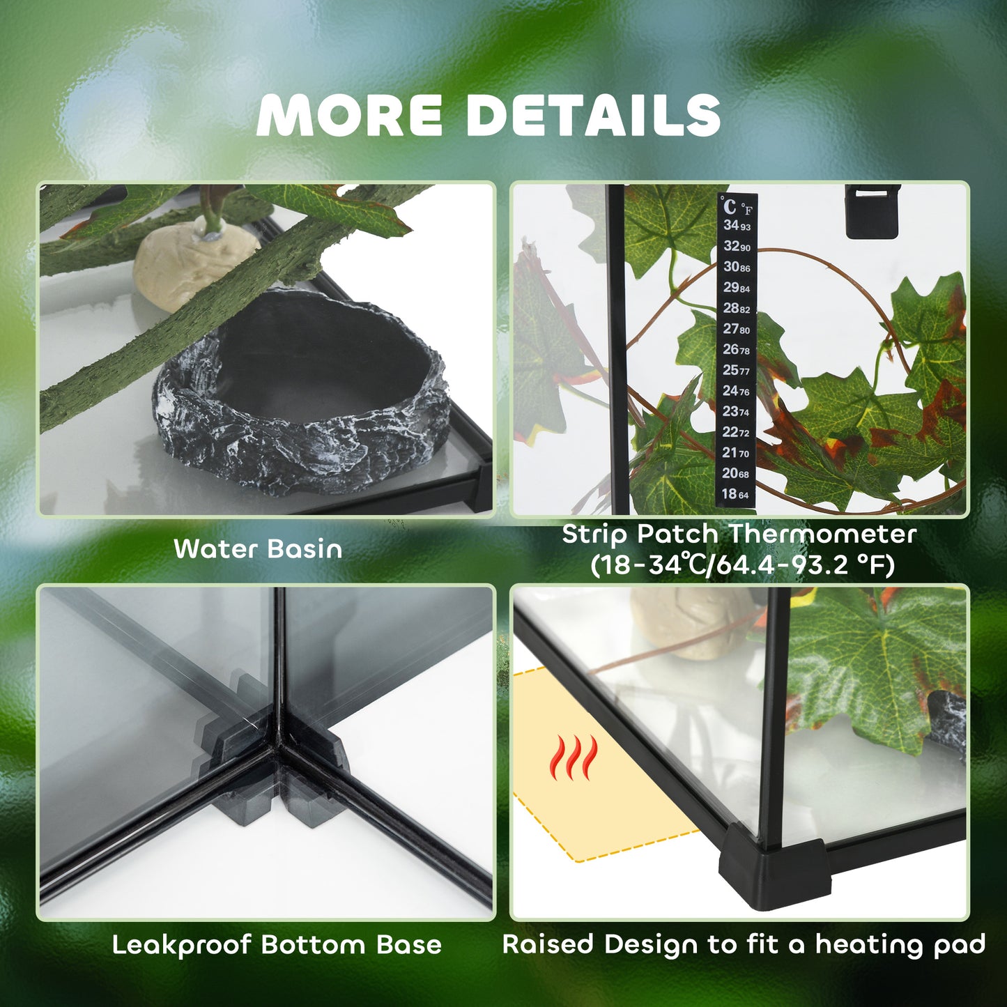 PawHut 14 Gallon Glass Reptile Terrarium Tank, Box Full View with Sliding Screen Top, 20" x 12" x 14", Black