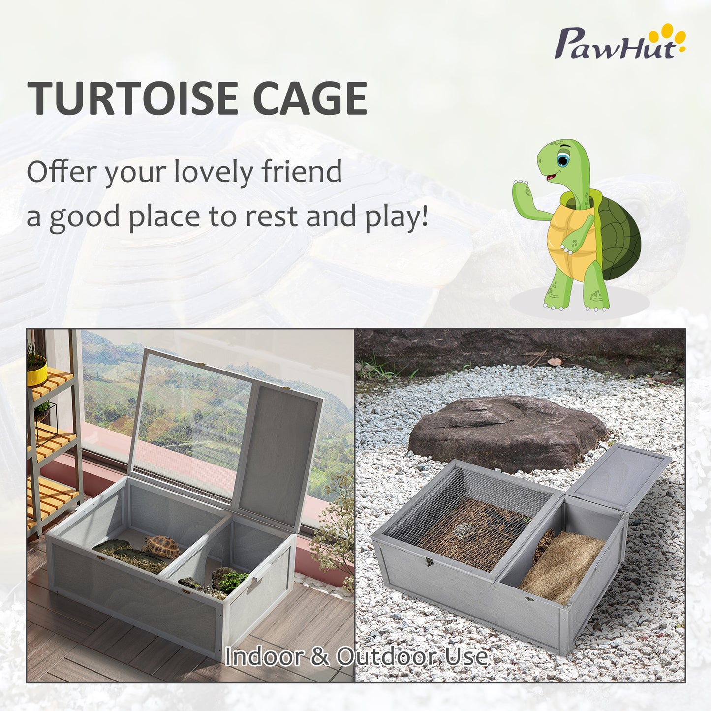 PawHut 37” Wooden Tortoise House Turtle Terrarium/ Small Reptile Enclosure with Two Room Design, Grey