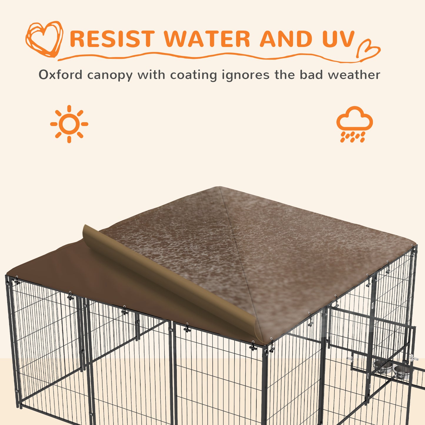 PawHut 6.9' x 6.9' x 5' Outdoor Dog Kennel with Canopy Garden Playpen Fence Crate Enclosure Cage Rotating Bowl, Coffee