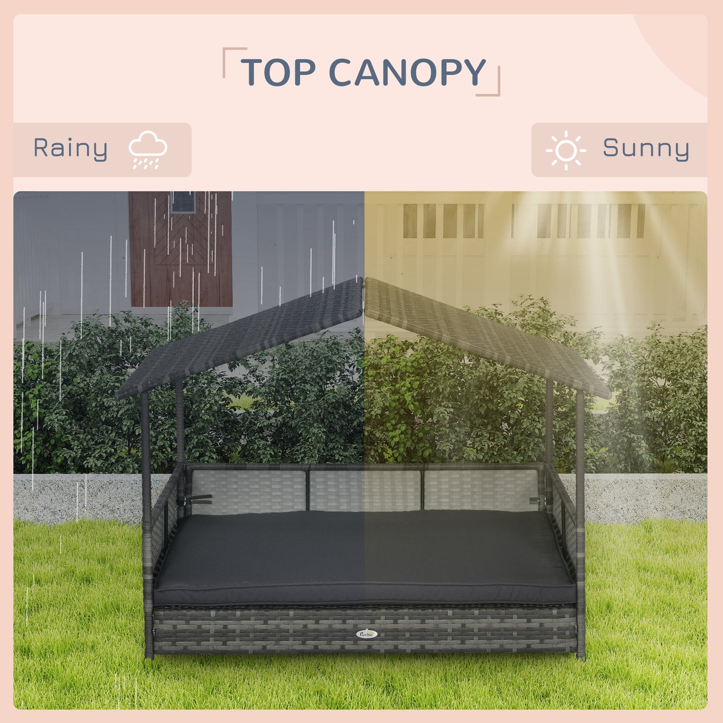 PawHut Outdoor Dog Bed with Canopy, Rattan Dog Bed with Soft Cushion Removable Cover for Medium and Large Dogs, Dark Gray