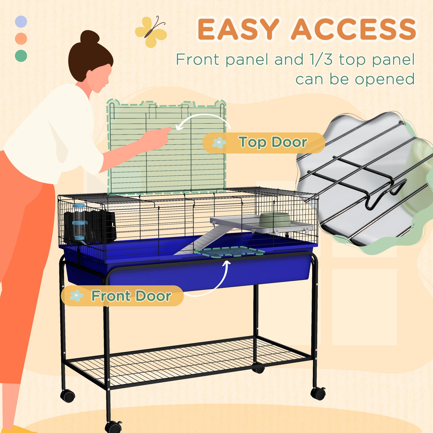 PawHut Two-Story Small Animal Cage Removable from Stand, Pet Habitat with Shelf & Wheels, 39" x 20.5" x 36.5", Blue