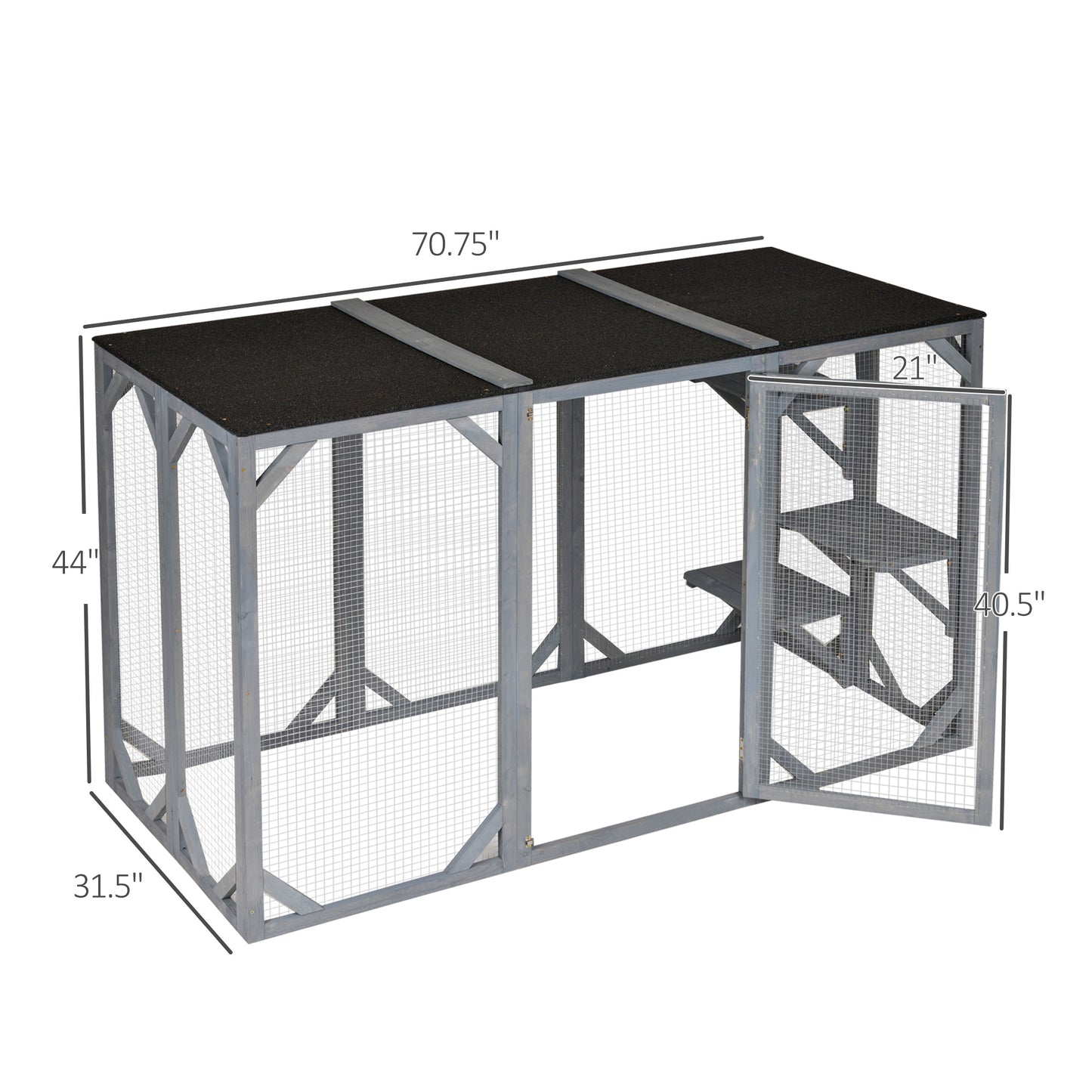 PawHut 71" x 32" x 44" Large Wooden Outdoor Cat Enclosure Catio Cage With 3 Platforms, Gray