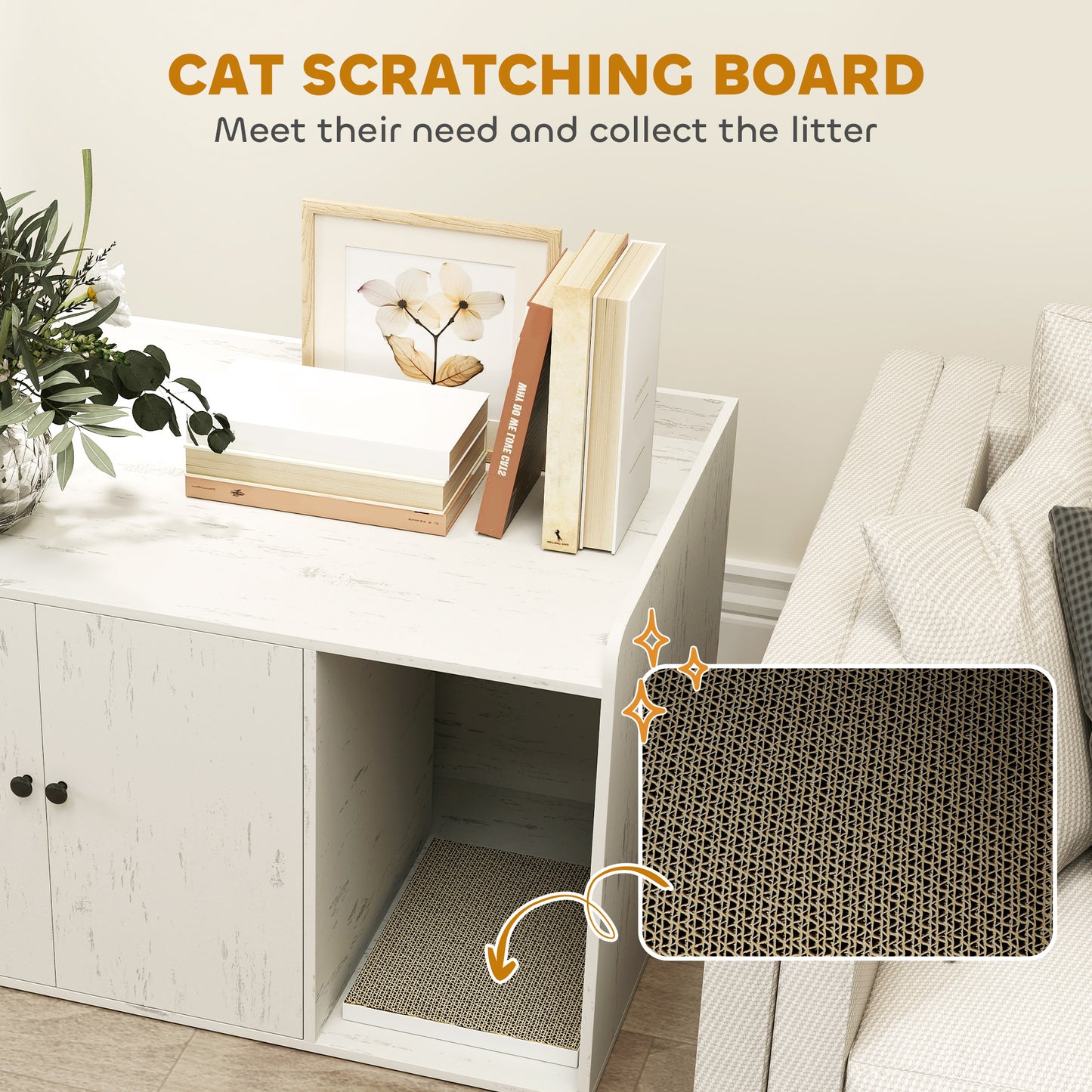 PawHut 32" Cat Litter Box Enclosure w/ Scratching Mat – Distressed White