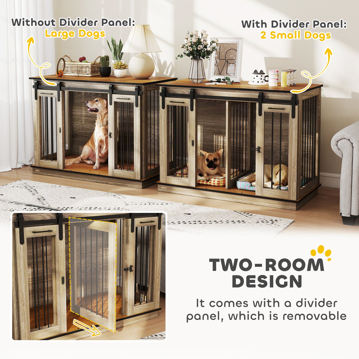 PawHut Dog Crate, Dog Cage End Table with Divider Panel, Dog Crate Furniture for Large Dog and 2 Small Dogs, Oak