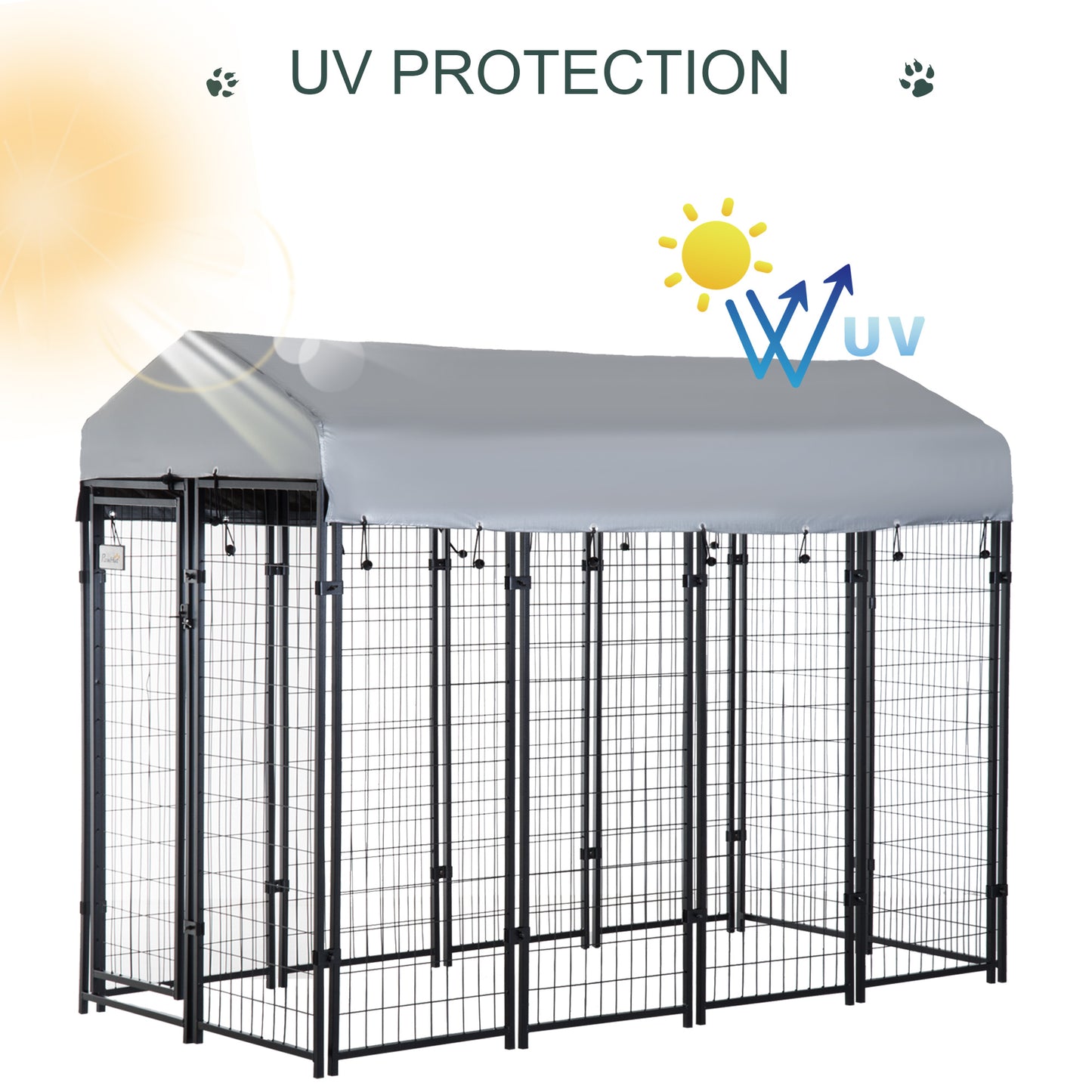 PawHut Outdoor Dog Kennel with Roof, 8' x 4' x 6' Heavy Duty Welded Wire Dog Playpen Enclosure with Escape-proof Lock, UV-Resistant & Waterproof Cover, for Large Dogs, Silver