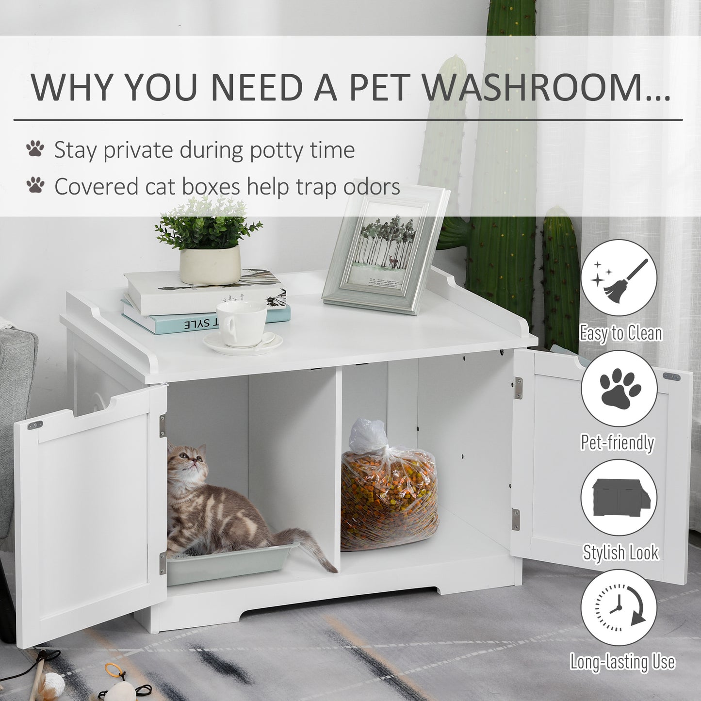 PawHut Wooden Cat Litter Box Enclosure, Hidden Cat Washroom, Kitten House with Nightstand End Table and Storage Rack Magnetic Doors, White