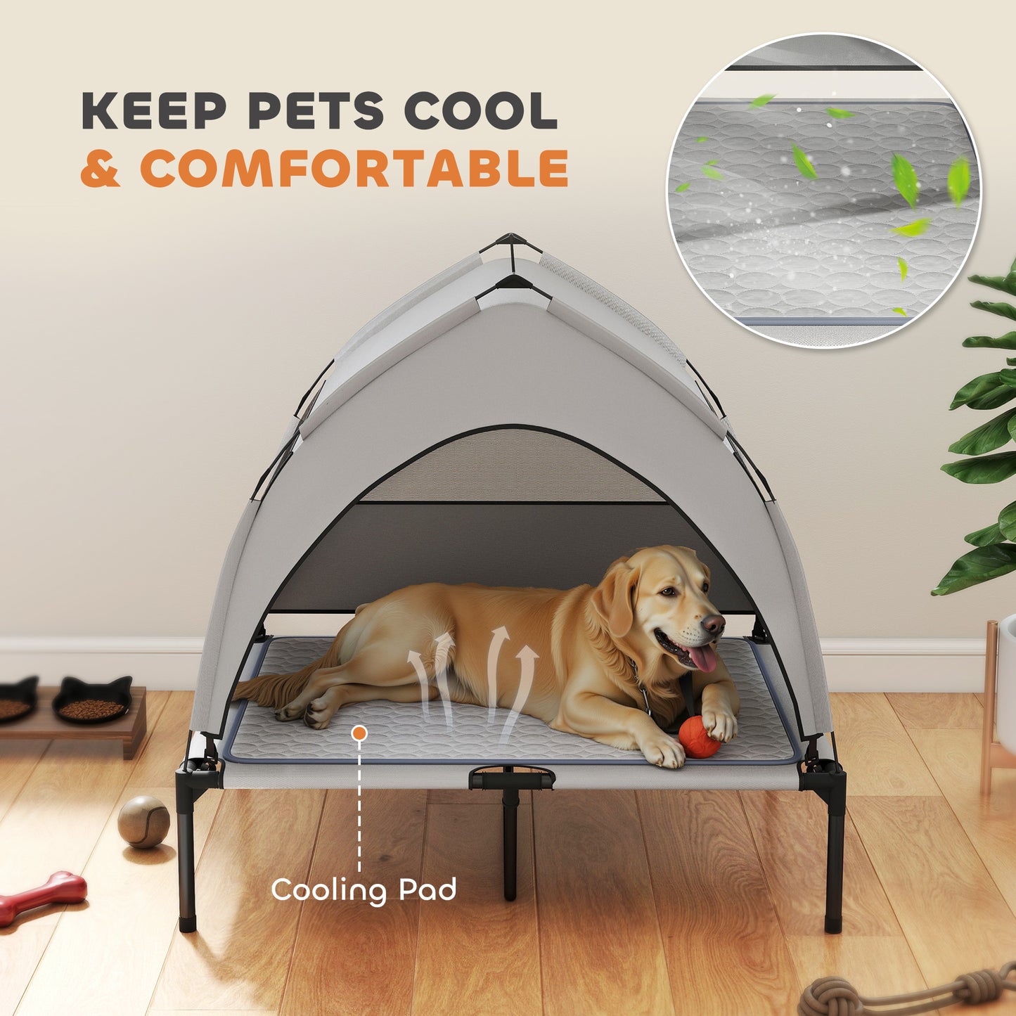 PawHut Elevated Dog Cot w/ Mesh Canopy & Cooling Pad – 36"