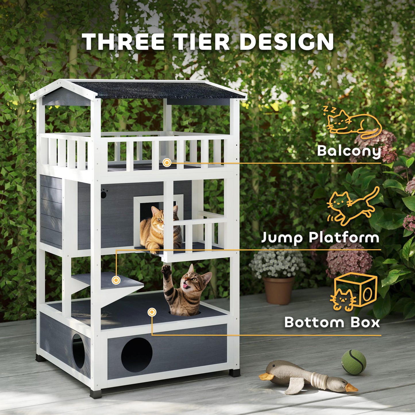 PawHut Wooden Outdoor Cat House, Feral Cat Shelter Kitten Condo with Asphalt Roof, Escape Doors, Condo, Jumping Platform, Gray