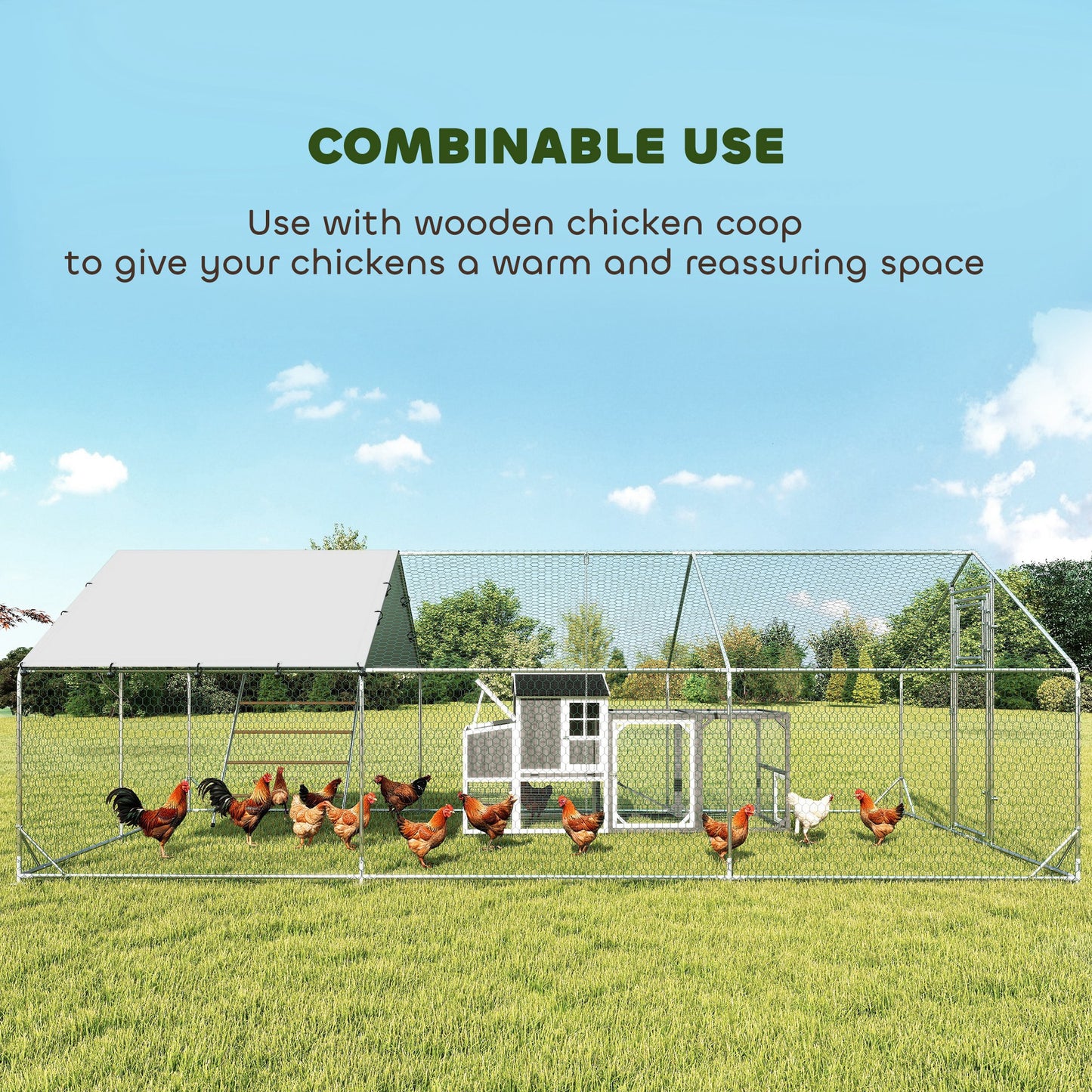 PawHut Metal Chicken Run w/ Waterproof & Anti-UV Cover, Feeding Door, Hanging Feeder, for 18-24 Chickens, 9.8' x 19.7' x 6.4'