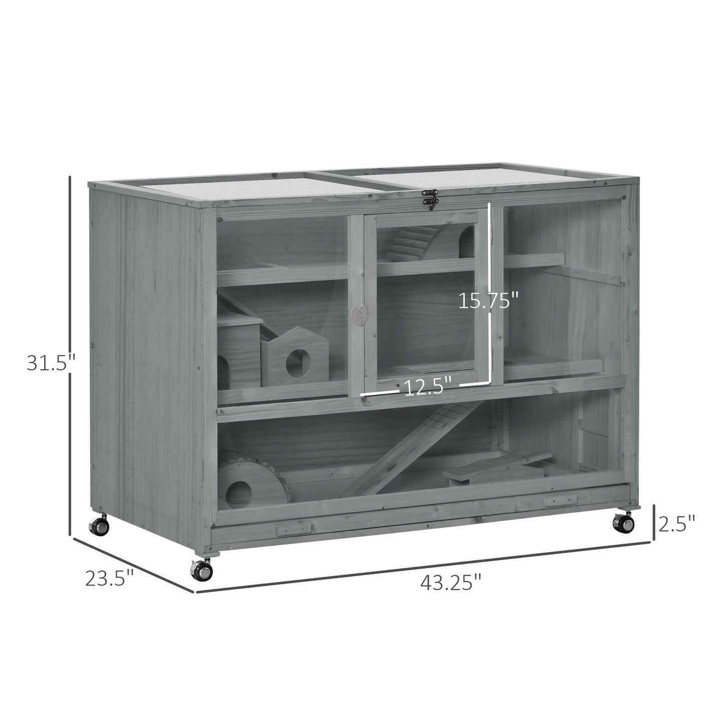 PawHut Wooden 3-Tier Hamster Cage Hutch Box with Ladder Wheels for Small Animals, Dark Gray