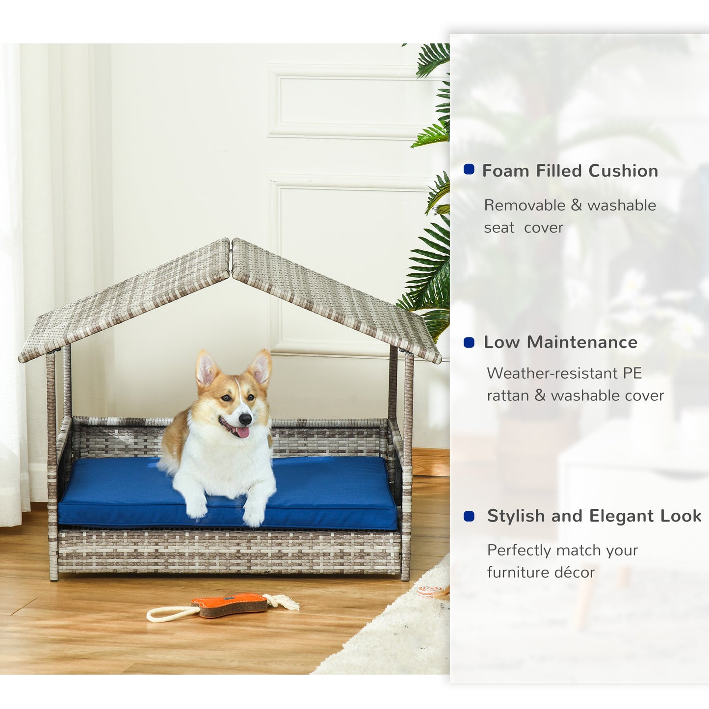 PawHut Pet House Wicker, for Indoor/Outdoor Rattan Furniture, with Water-Resistant and Removable Cushions, Elevated Bottom, Dark Blue