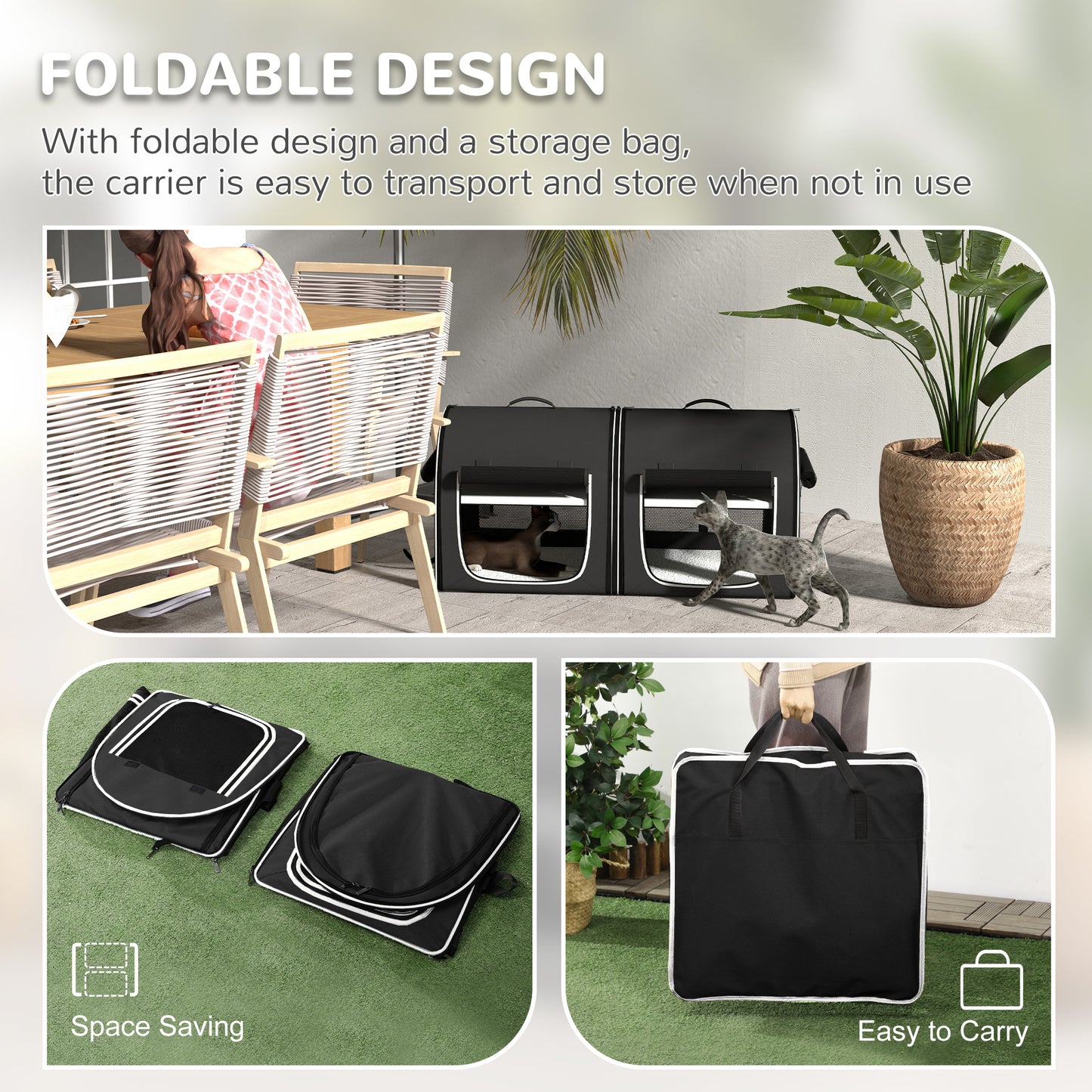 PawHut 39" Portable Soft 2 Sided Pet Cat Carrier with Divider, Two Compartment, Soft Cushions, & Storage Bag, Black