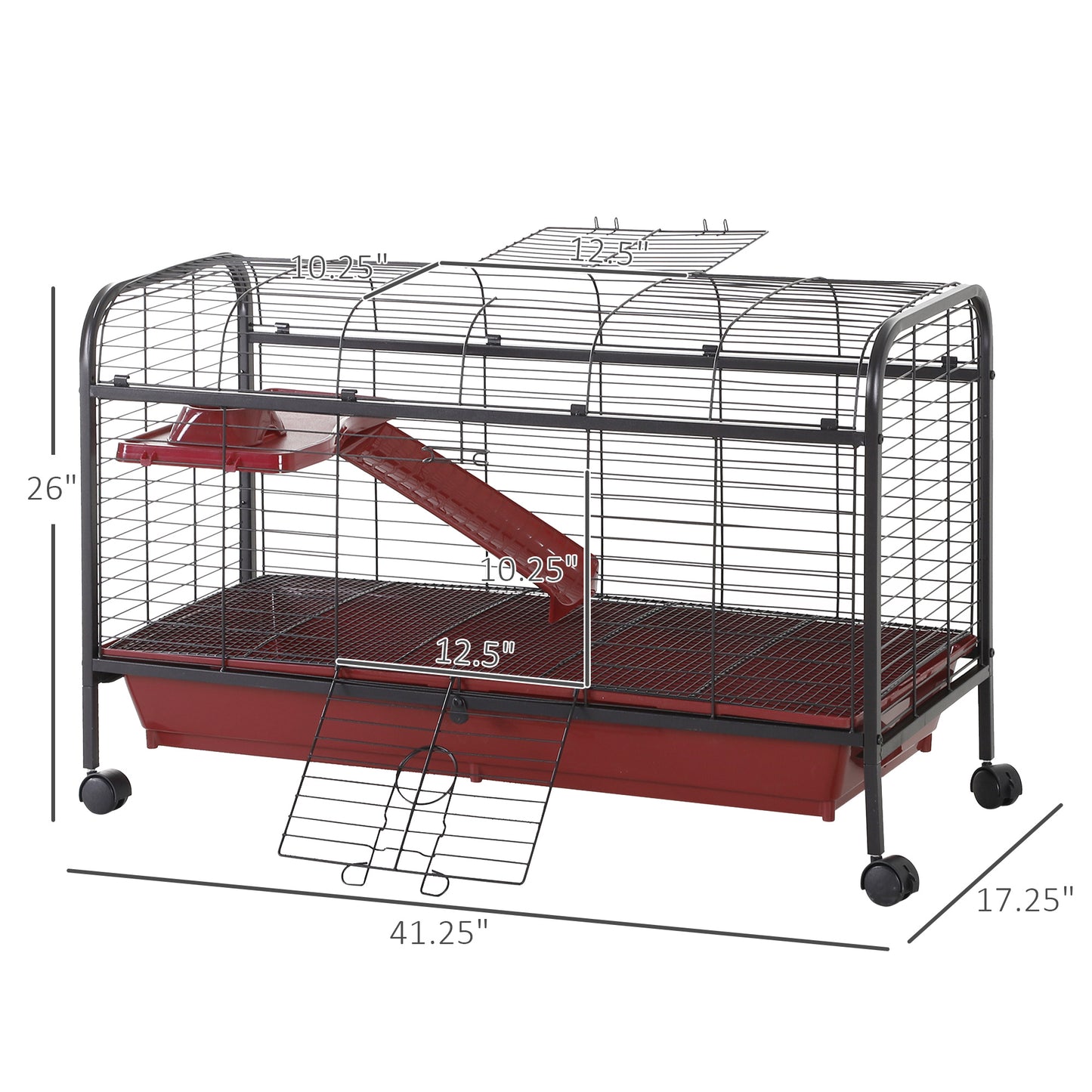 PawHut 41"L Small Animal Cage, Pet Play House for Rabbit Hutch Ferret with Feeder, Rolling Wheels, Platform, Ramp