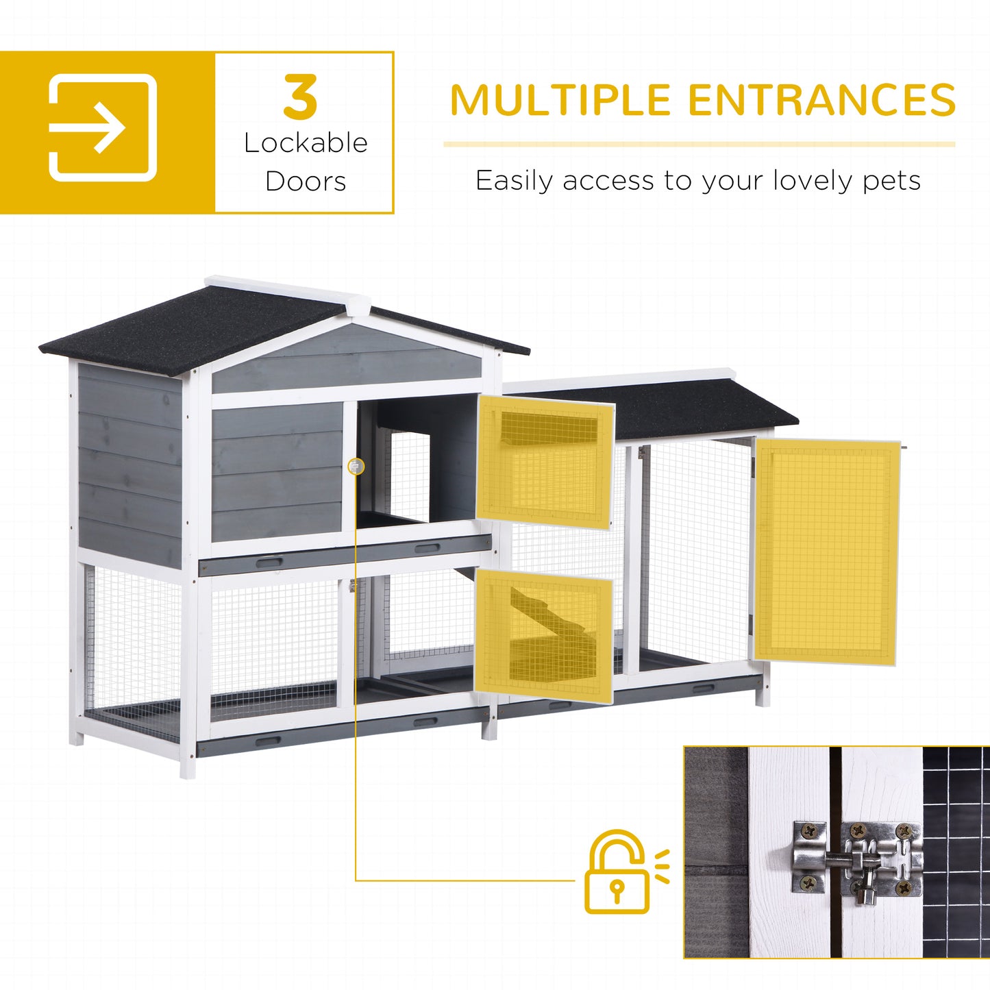 PawHut 2-tier Indoor Rabbit Enclosure, Wood Hutch Backyard Small Animal House Ramp Outdoor Run Enclosed