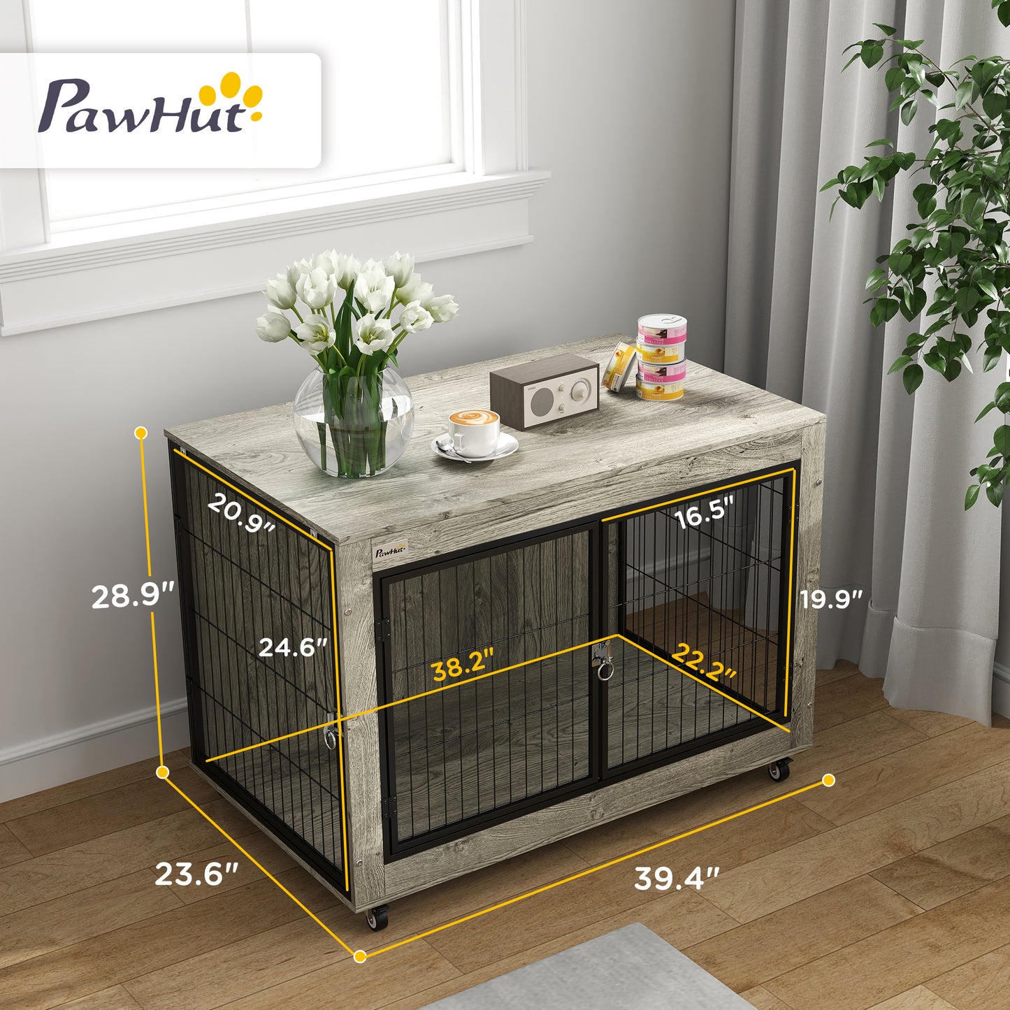 PawHut 39" Dog Crate Furniture End Side Table with Wheels, Interchangeable Side Door, for Large Dogs, Gray