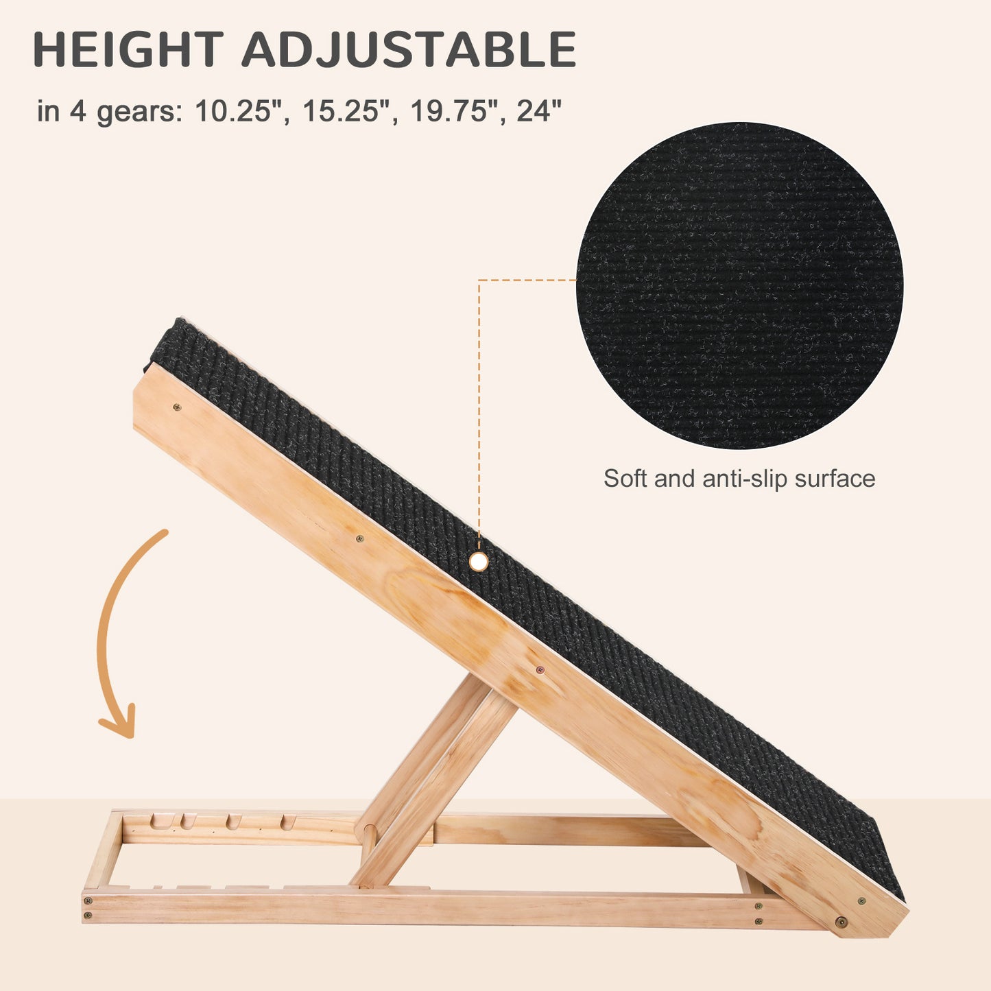 PawHut Elevated Dog Ramp for Bed, Foldable and Height Adjustable Pet Ramp for Cats with Non-Slip Finish, Pine 35.5" L x 16" W x 24" H, Black