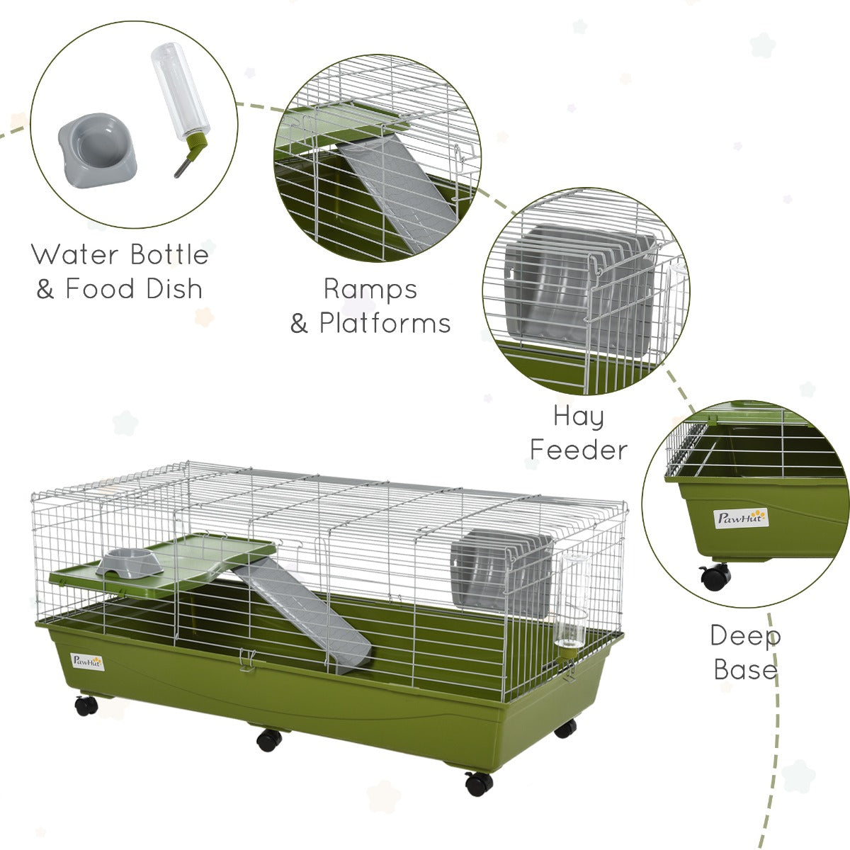 PawHut 47" Small Animal Cage Chinchilla Guinea Pig Hutch Pet House with Platform Ramp, Food Dish, Wheels, & Water Bottle
