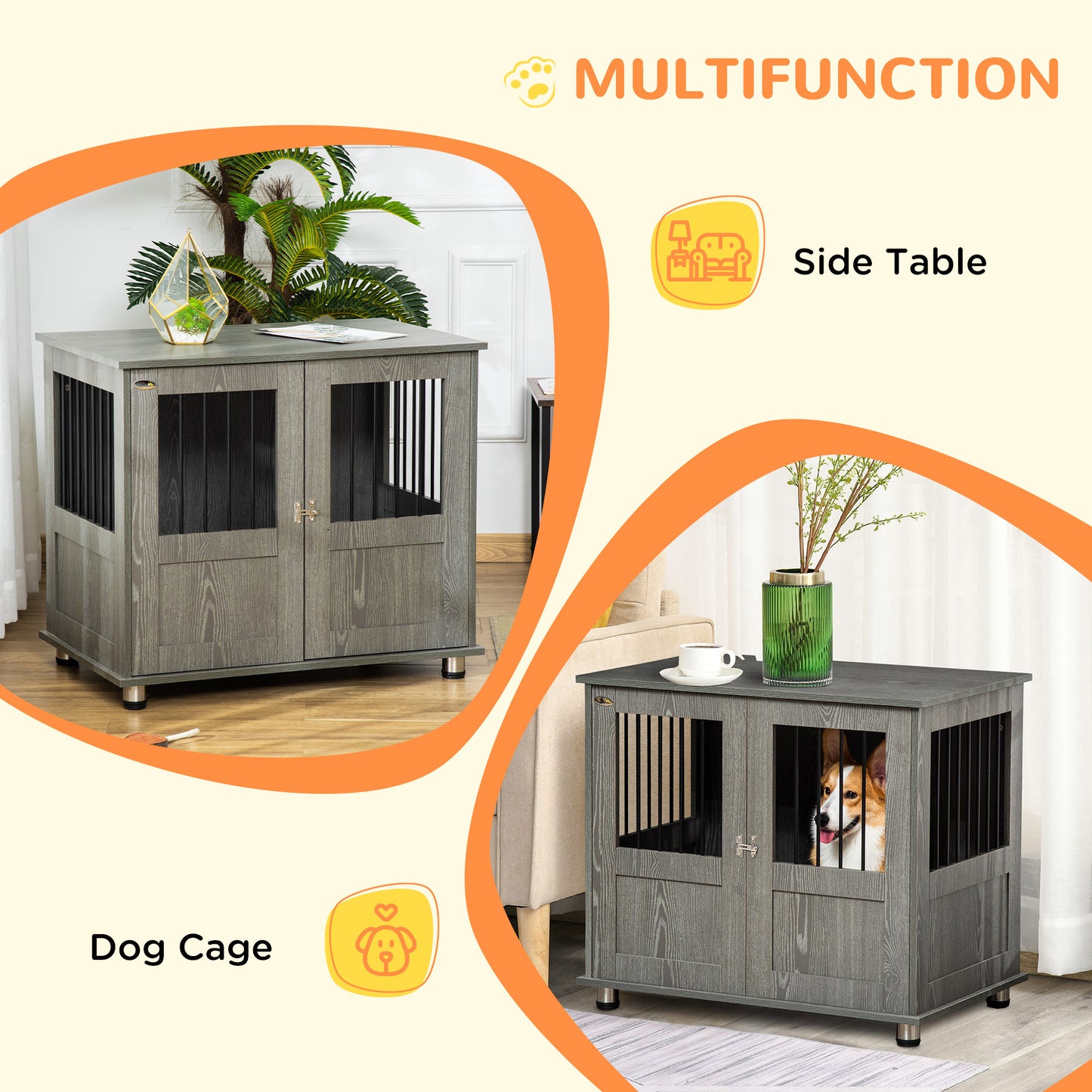 PawHut Dog Crate Furniture, Wooden End Table Furniture with Lockable Magnetic Doors, Small Size Pet Kennel Ind