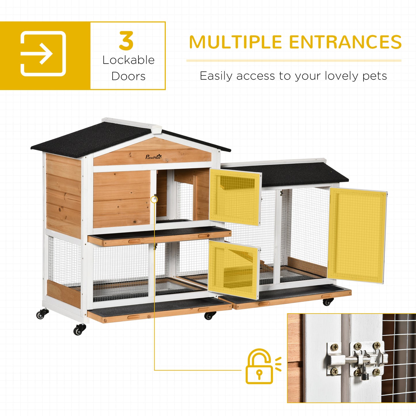 PawHut 62" Wooden Mobile Rabbit Hutch with Wheels, Run Box, Slide-out Tray, Ramp, Yellow