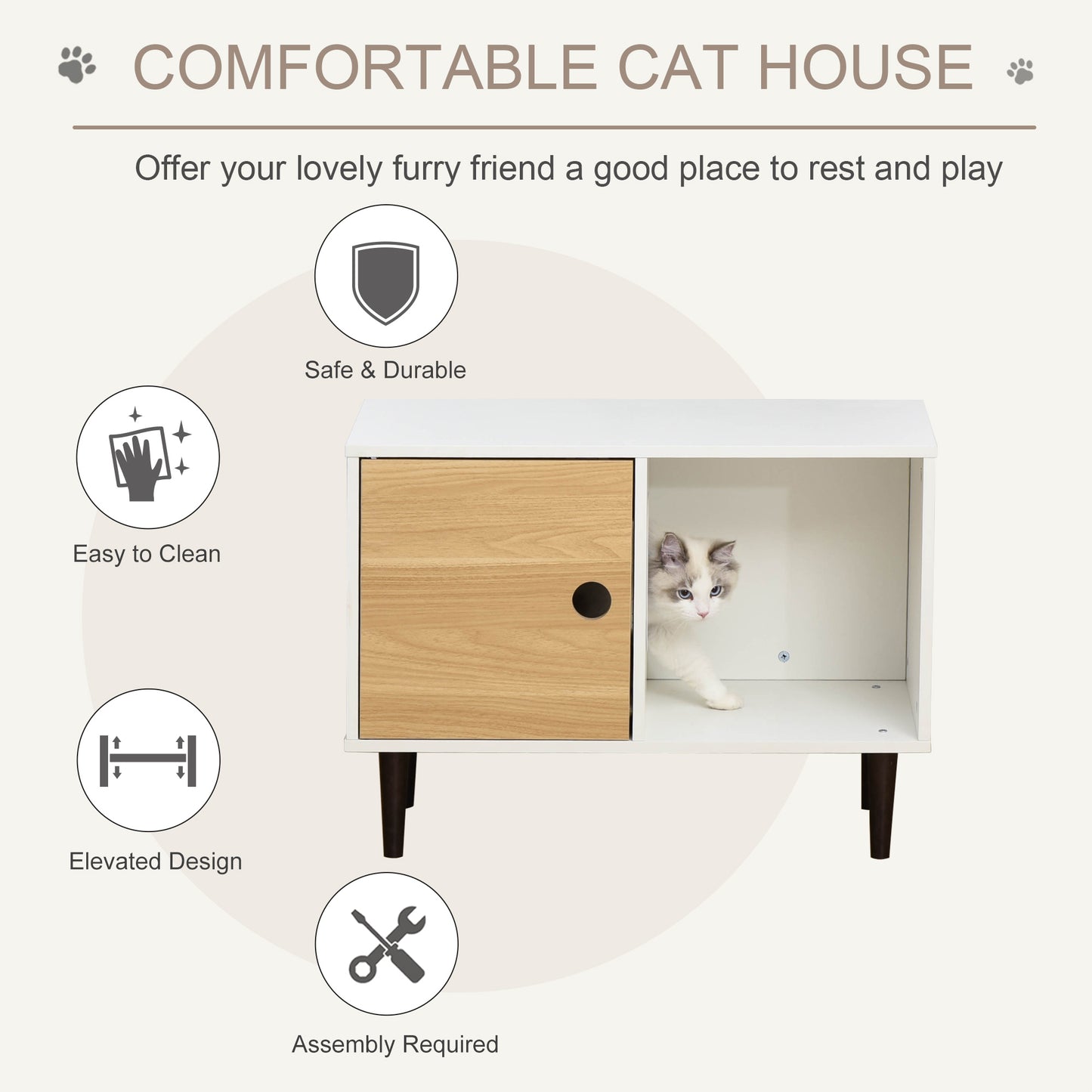 PawHut Wooden Cat House with Soft Cushion, Decorative Kitten Condo Side Table, Elevated Pet House with Storage Space