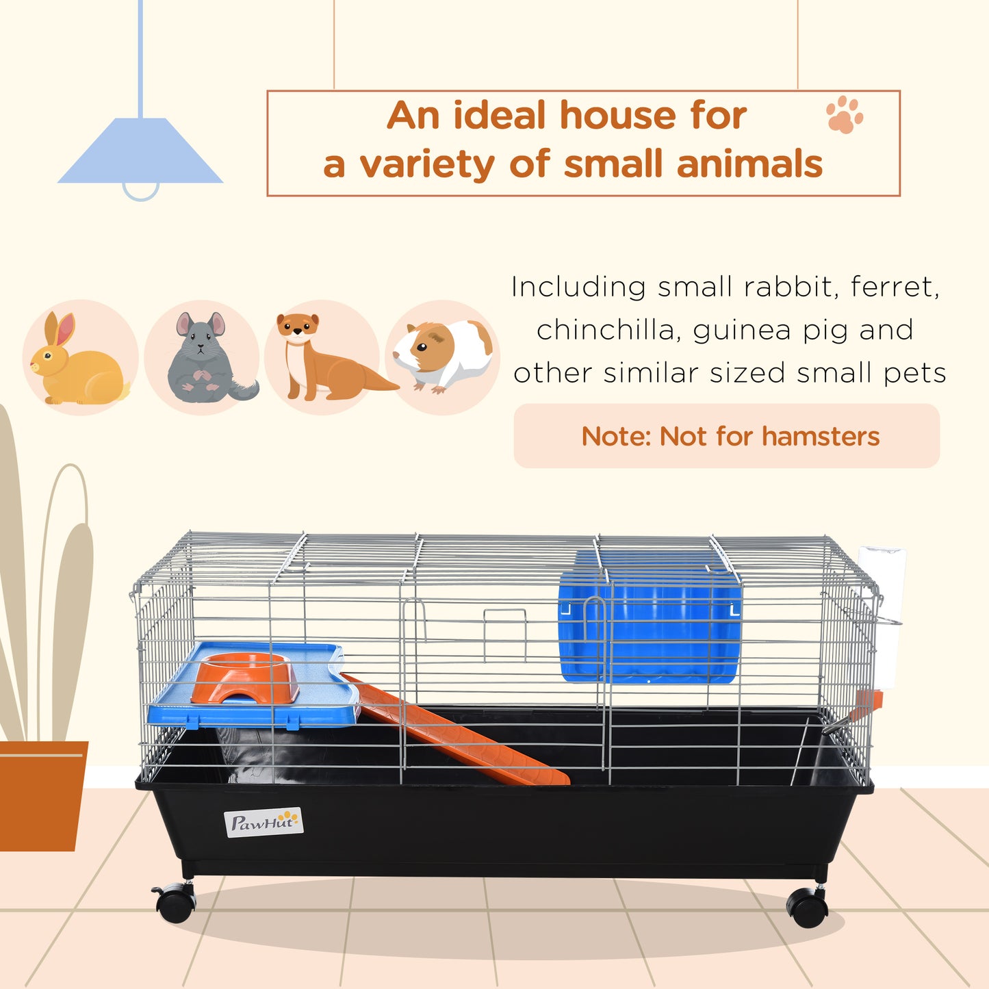 PawHut 35"L Small Animal Cage with Food Dish, Water Bottle, Hay Feeder, Platform, Ramp for Chinchilla, Black