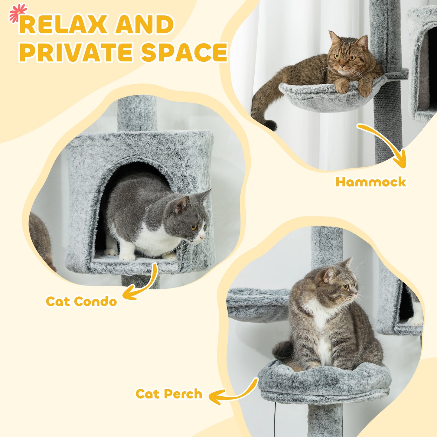 PawHut 89"-100" Floor to Ceiling Cat Tree for Indoor Cats, Activity Center with Cat Perch & Condo, Gray