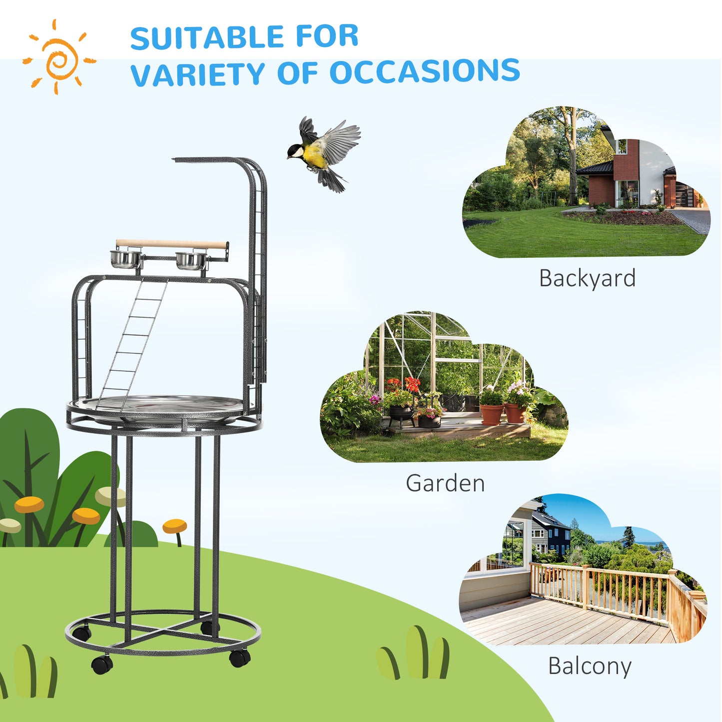 PawHut Parrot Stand Large Bird Perch Stand with Toy Hook & 3 Ladders, Parrot Perch, Bird Wooden Stand, Gray