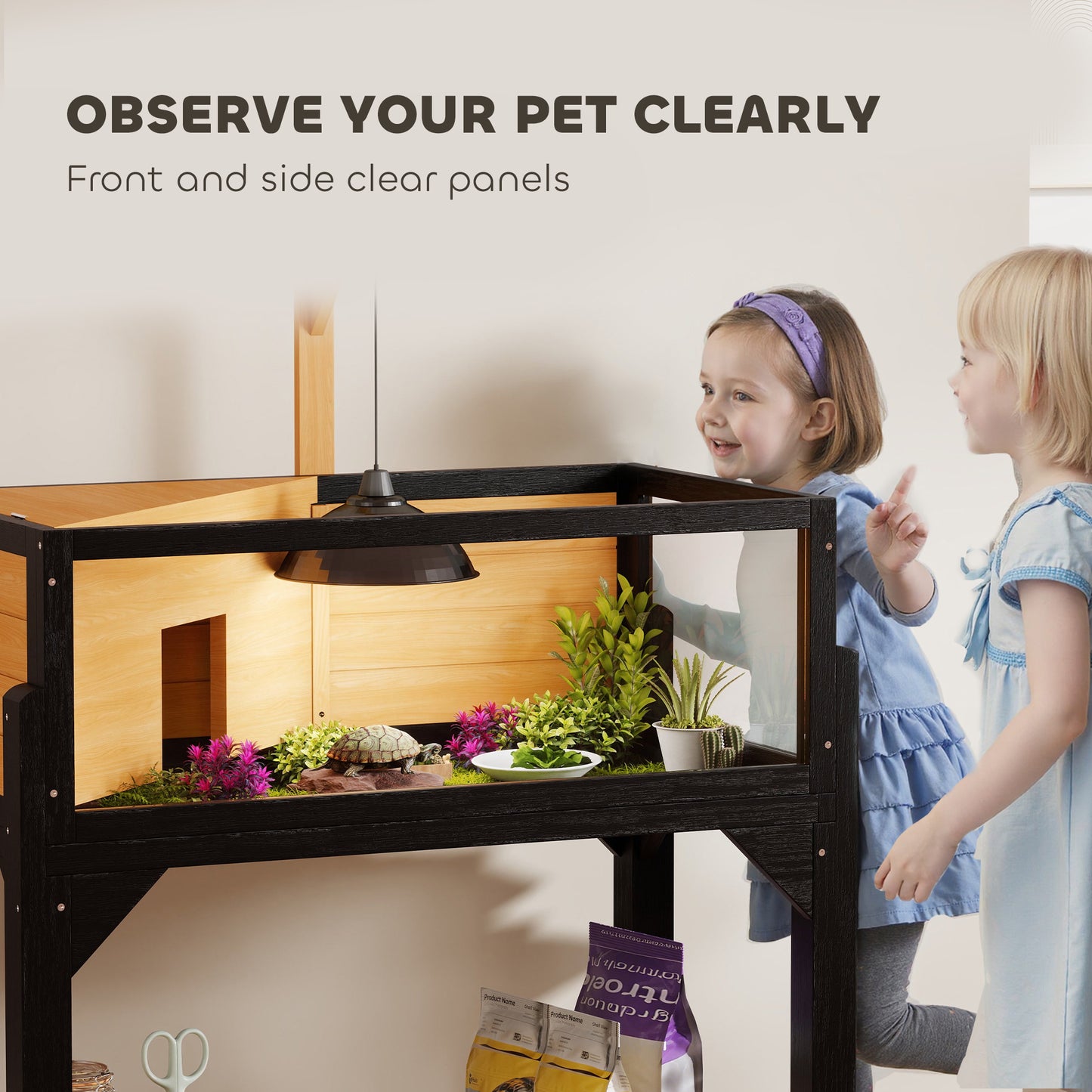 PawHut Wooden Tortoise Habitat w/Storage Shelf, Windows & Lamp Holder - Yellow
