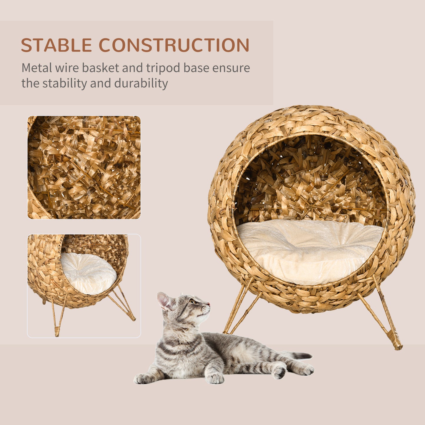 PawHut 20.5" Weaved Cat Bed, Elevated Hand-woven Braided Banana Leaf Kitten House Condo with Cushion, Natural